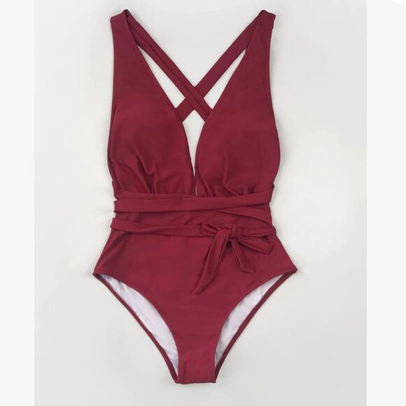 CUPSHE  | Women's One Piece Swimsuit Deep V Neck Crisscross Back| Red | Size: M - Picture 1 of 11